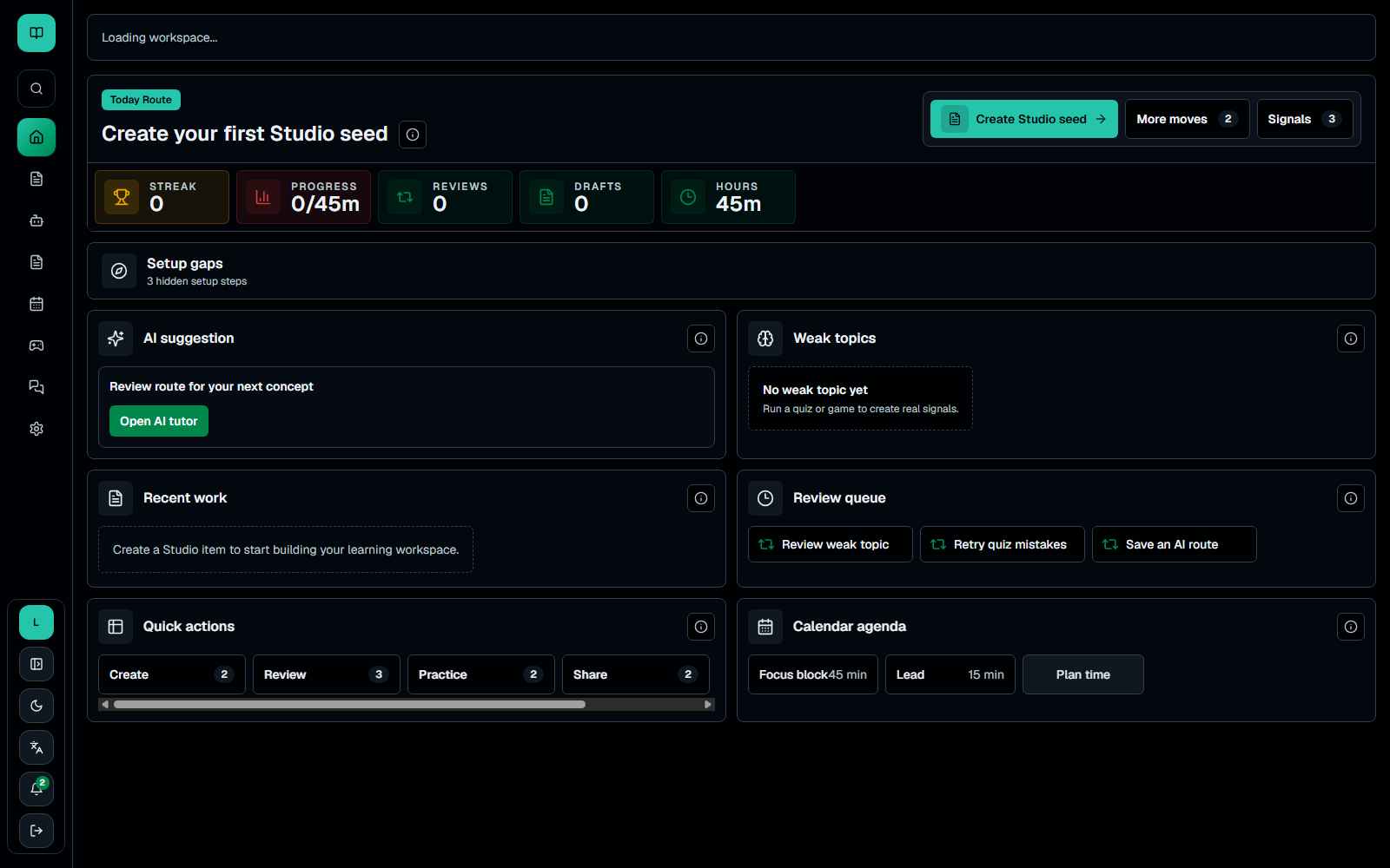 Actual LEARN dashboard showing route, metrics, review queue, AI suggestion, recent work, and calendar agenda.
